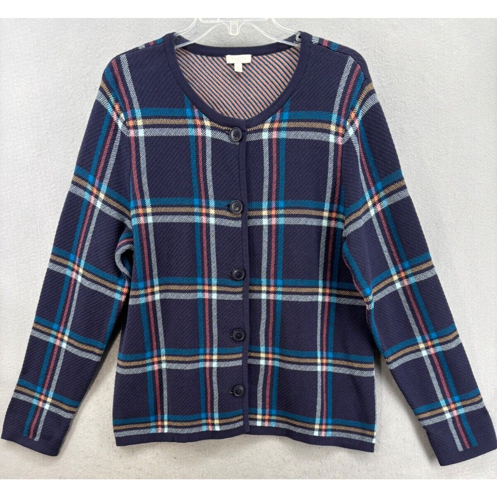 Talbots Cardigan Womens Sz XL‎ Blue Plaid Button Long Sleeve Crew Neck Warm